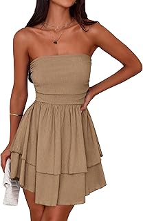 Women's 2025 Summer Strapless Tube Mini Dress Off Shoulder Smocked Ruffle A Line Flowy Short Party Club Dresses - Buy now
