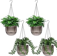 Meanplan 4-Pack 6.5 Inch Self-Watering Hanging Planters for Indoor Outdoor Plants - Gray Plastic Pots with Drainage Holes & Chains