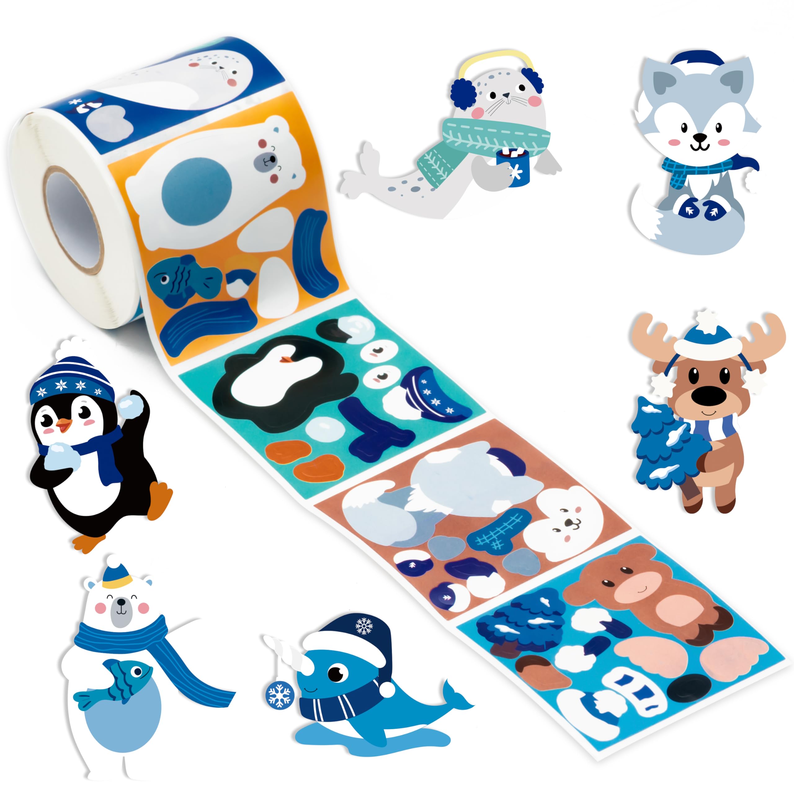ANGOLIO 300Pcs Polar Animals Make A Face Stickers Scene Roll Make Your Own Winter Atctic Animals Stickers Polar Bear Atctic Fox Penguin Face Stickers DIY Art Crafts for Kids Boys Girls Holiday Party
