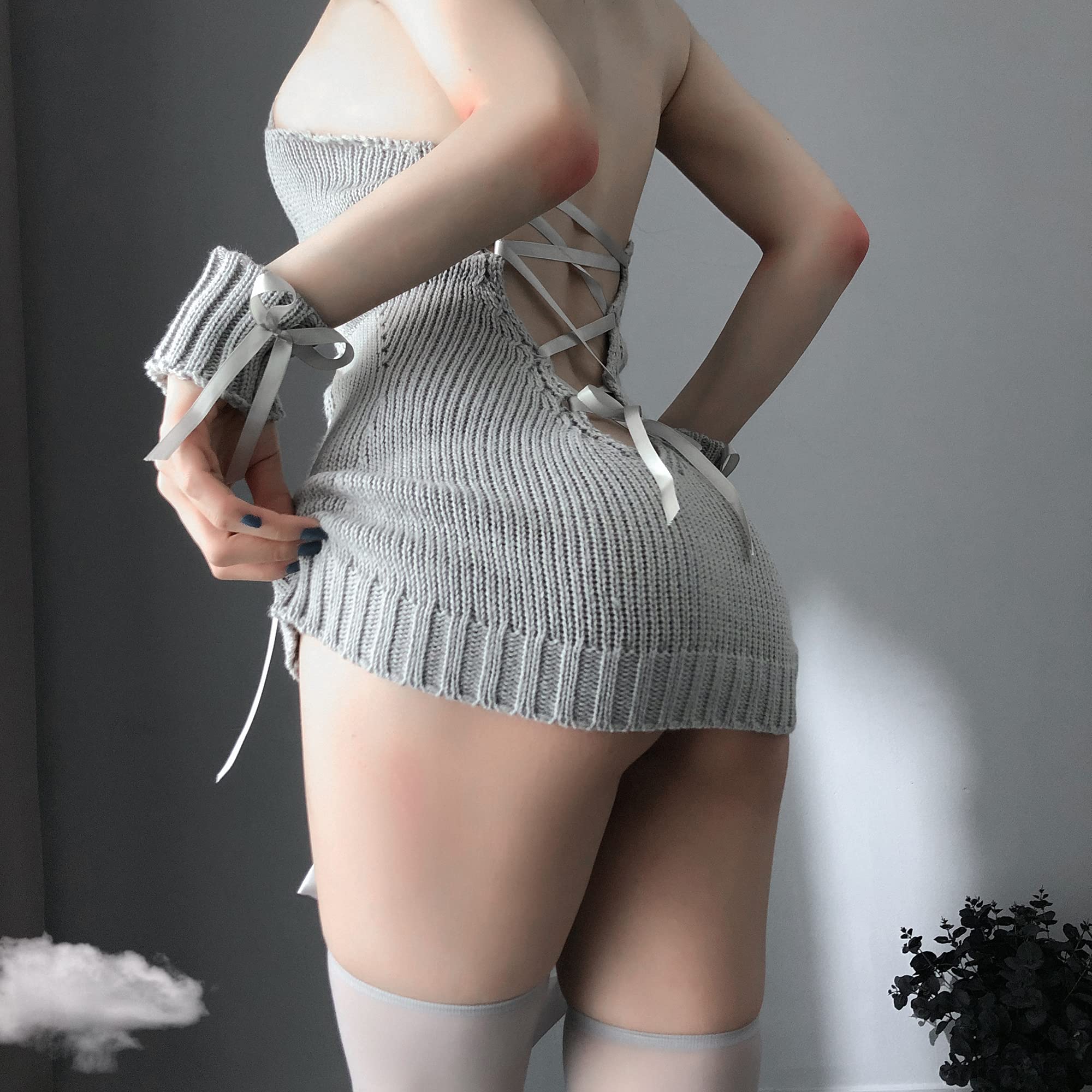 SINMIUANIME Women's Cosplay Lingerie Turtleneck Sleeveless Knitted Bandage Anime One-piece Sweater Vest Top, Gray, One Size - Image 4