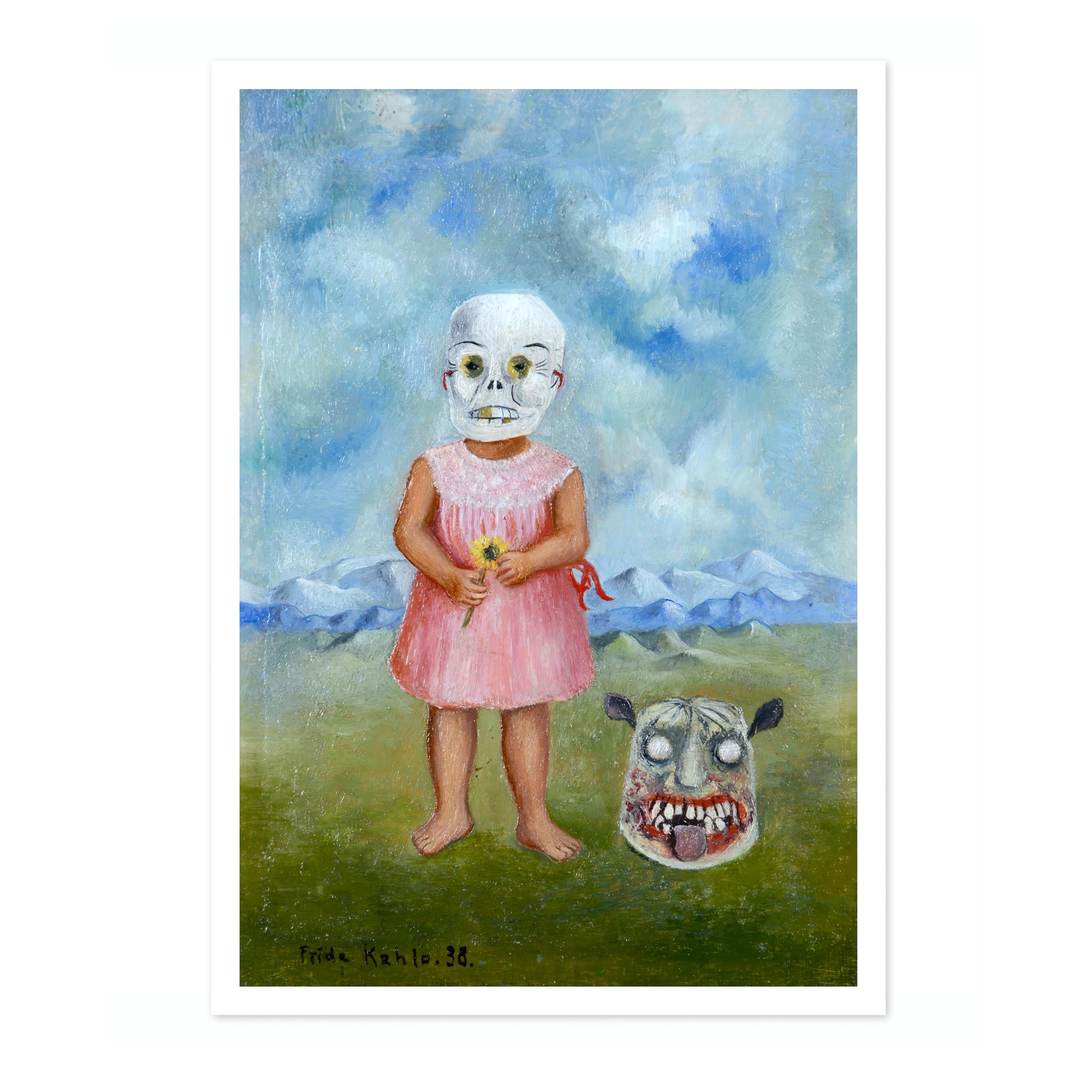 Girl With Death Mask Frida Kahlo Poster, Classic Art Painting Print, Art Exhibition Neutral Wall Art, Vintage Minimalist Home Decor Picture, A2 (Print Only) - 59.4x42cm