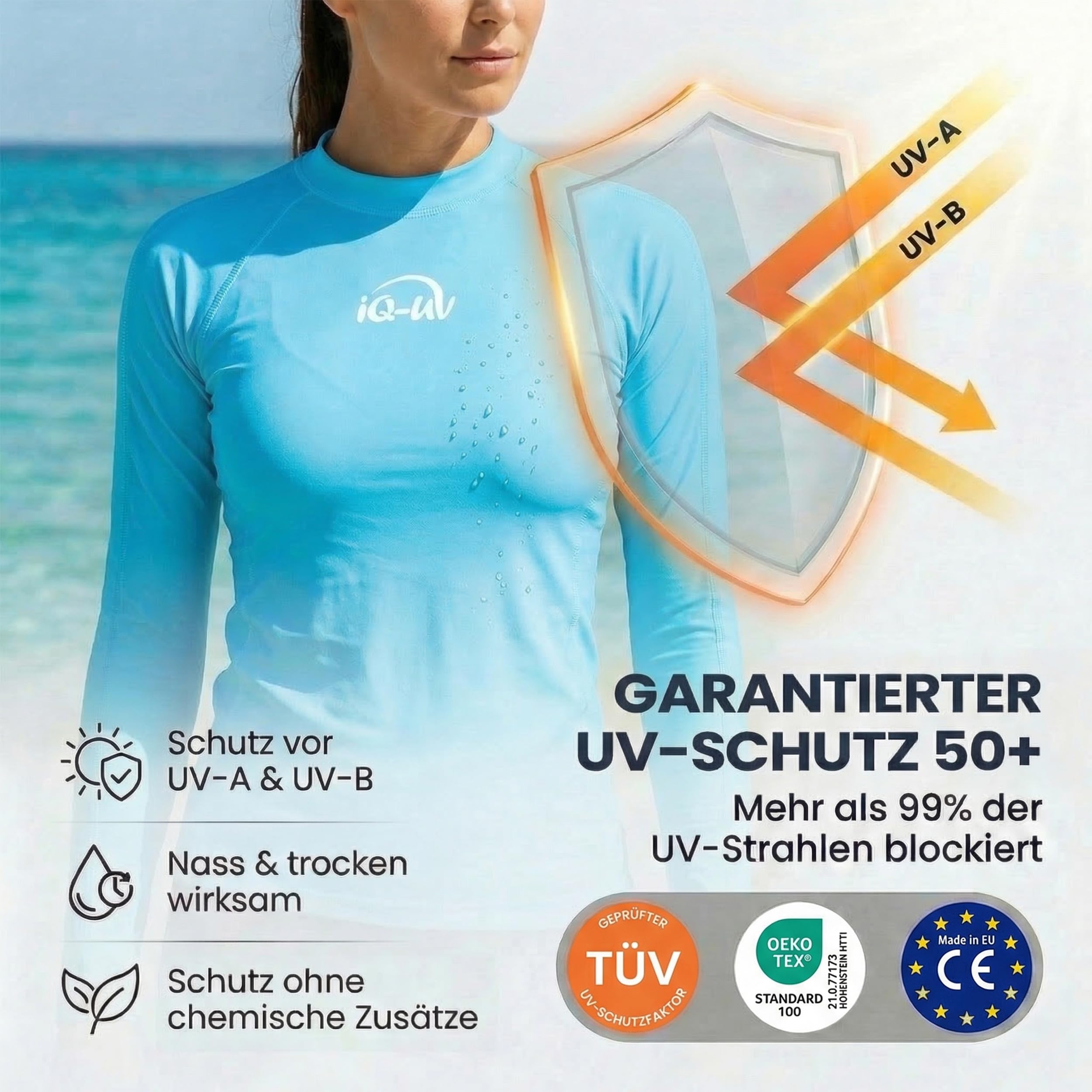 iQ-UV Sportshirt Damen Langarm Slim Fit – UV Shirt für Damen für Wasser & Sport – Rash Guard mit UV-Schutz – Langarm Sportshirt – Ideal zum Schnorcheln und Schwimmen