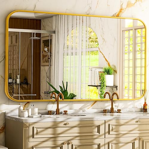 Vista 26 de Espejo de baño negro de 30"x22" - Espejo moderno para pared con esquinas redondeadas, espejos de baño para tocador, espejo enmarcado de aleación