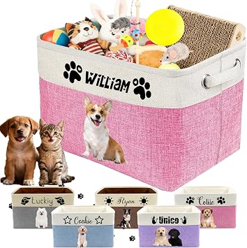 Personalized Dog Cat Toy Storage Basket with Pets Name Custom Foldable Storage Box with Handles for Blankets Pet Stuff, Toys, Clothes
