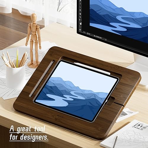 Miniatura 2 de Soporte de bambú para tableta, soporte para dibujo, portátil y ajustable, 5 ángulos, soporte elevador para laptop, compatible con iPad Pro de 12.913