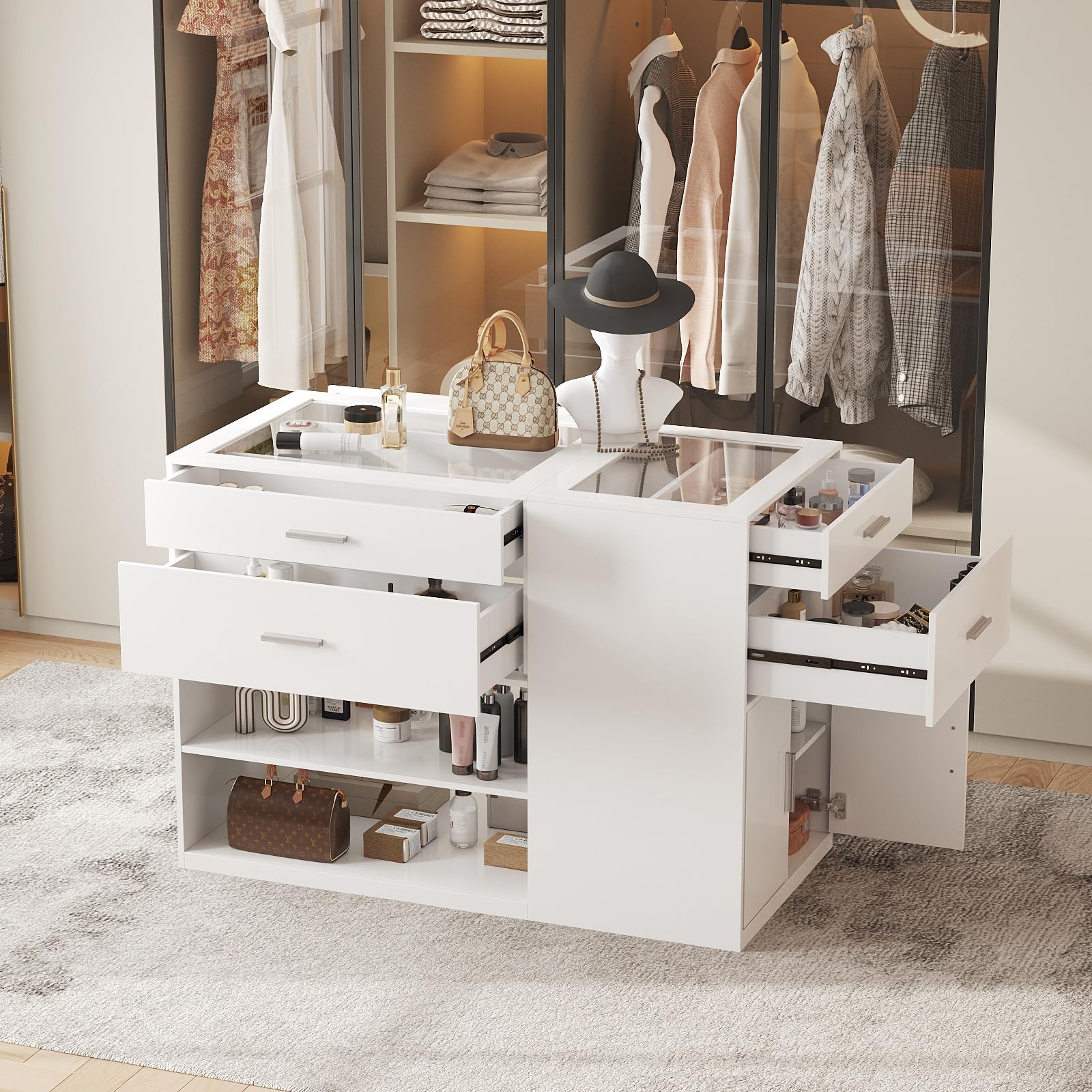 Maupvit Armoire Bedroom Closet Island with Glass Top, White Wardrobe Closet Island with 6 Drawers, Island Dresser with Display Shelf & Storage Cabinet, Walk in Closet Island for Bedroom