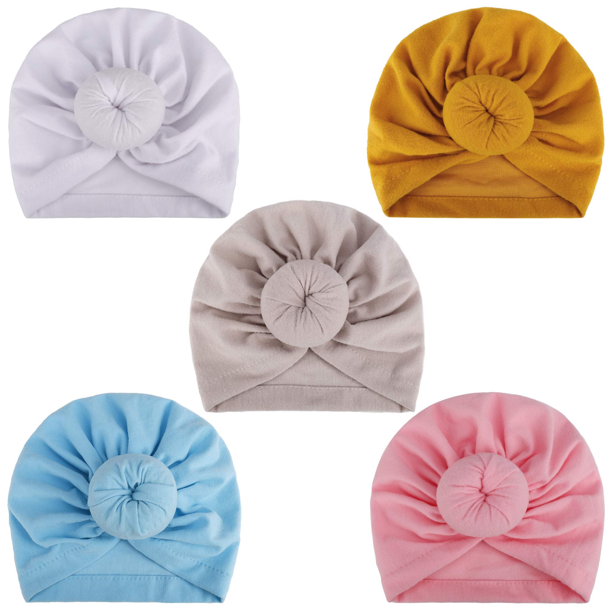 Jesustree Baby Turban Gorro de Algodón Suave Vinchas, 5 Piezas Niños Sombrero Knot Cap Nudo Diadema, Elásticas Headbands Hat Gorras 3-24 Meses Kids Niño Bebé Nudo
