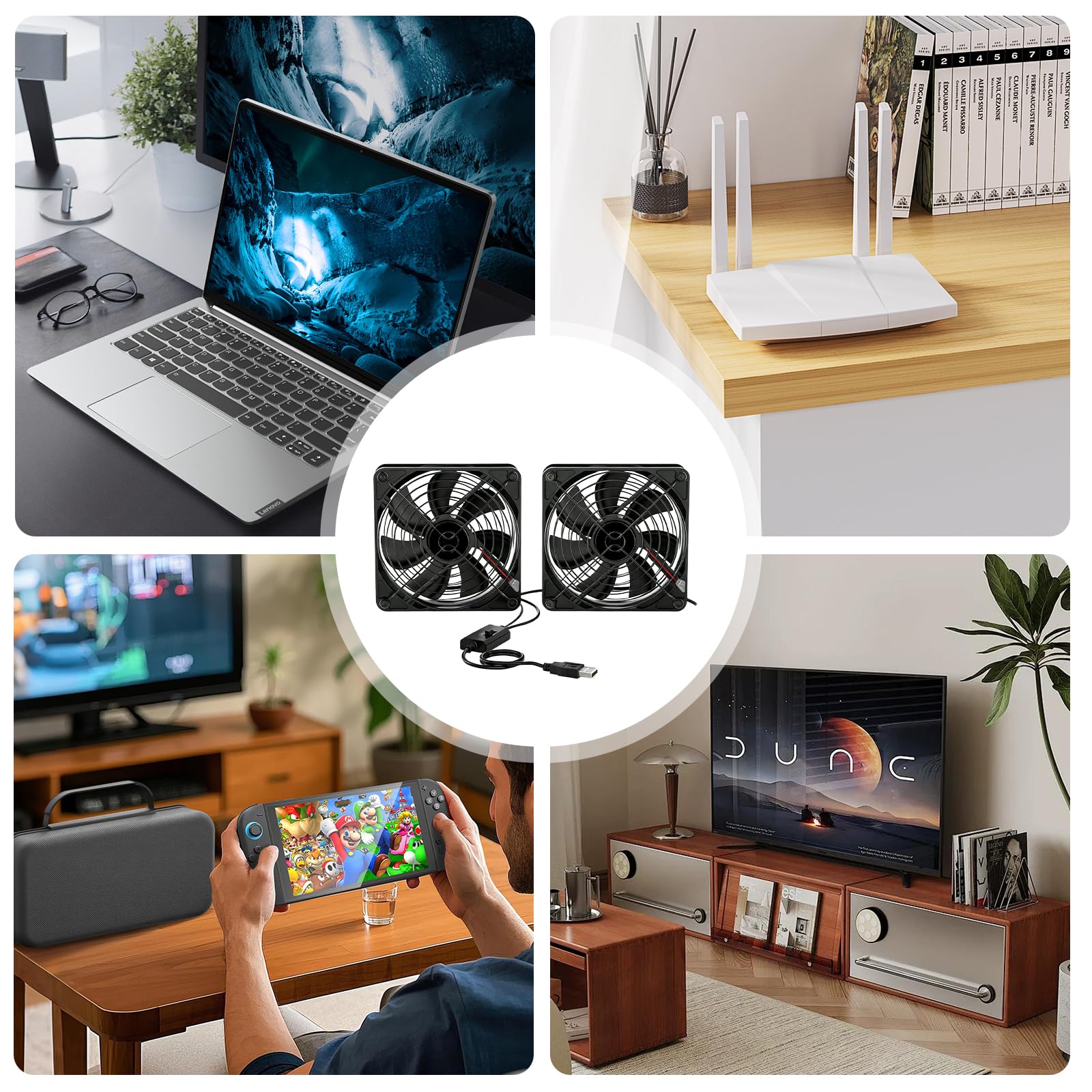 Lot de 2 ventilateurs USB, 120 mm, avec régulateur de température numérique, 5 V, 3 vitesses réglables, double roulement à billes, pour PS5/ordinateur portable/TV Box/AV, armoire, routeur