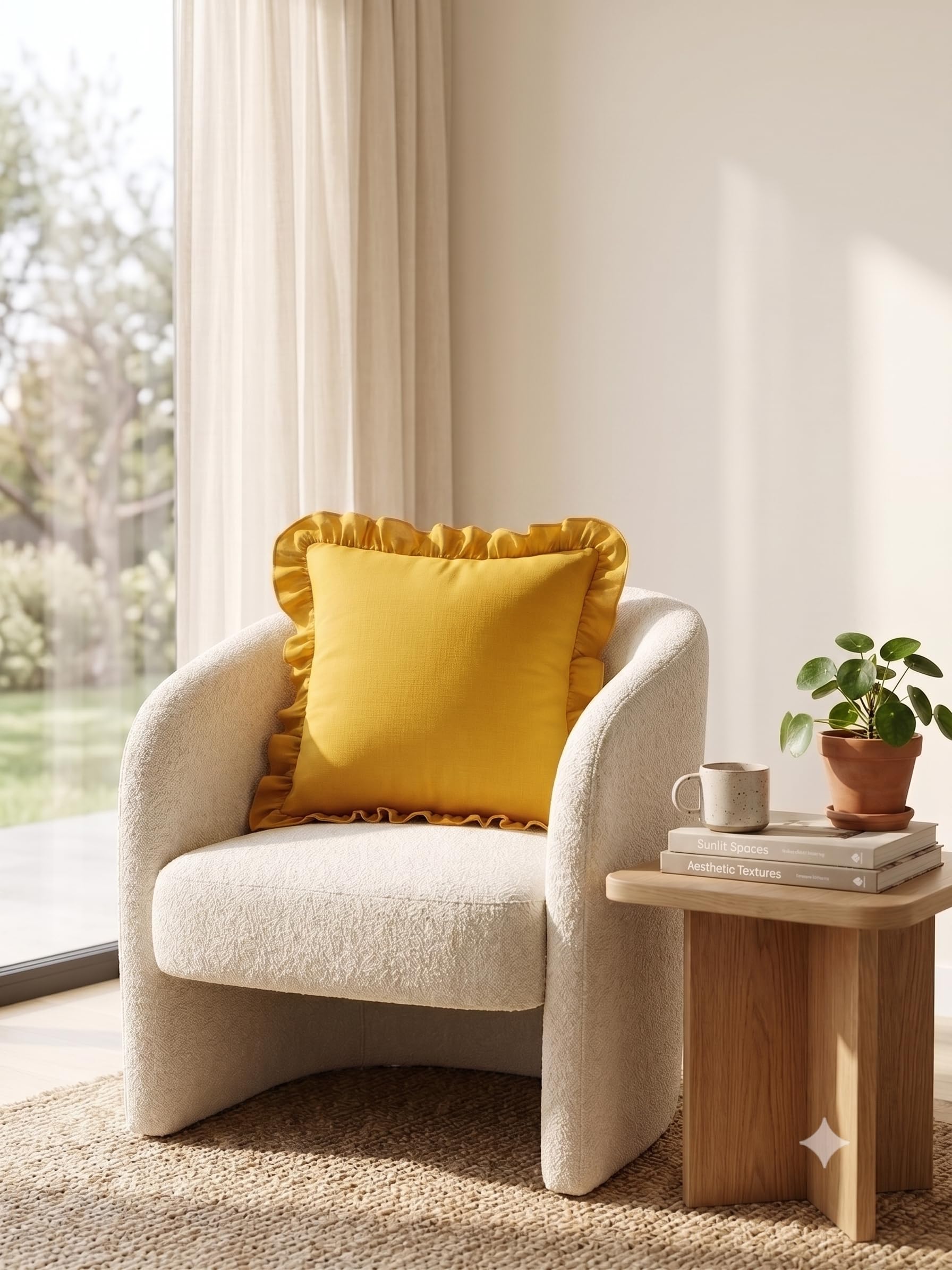 16x16 ruffled cushion cover pure cotton - solid mustard yellow vintage frill throw pillow cover 40x40 cm decorative accent cushion case for living room, sofa & bed (pack of 2)