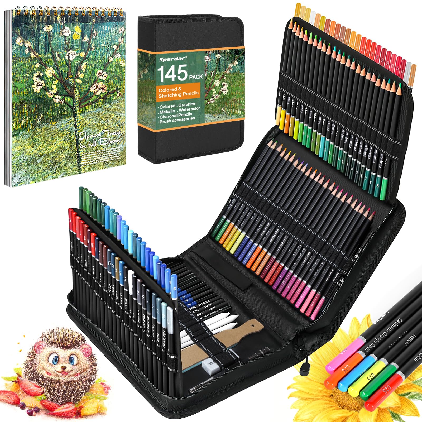 Spardar 145 Piece Colouring Pencils, Colouring Pencils for Adults with 120 Coloured Pencils, Charcoal Pencils, Graphite Pencil and Storage Bag & Sketchbook, A4, Suitable for Beginners & Artist