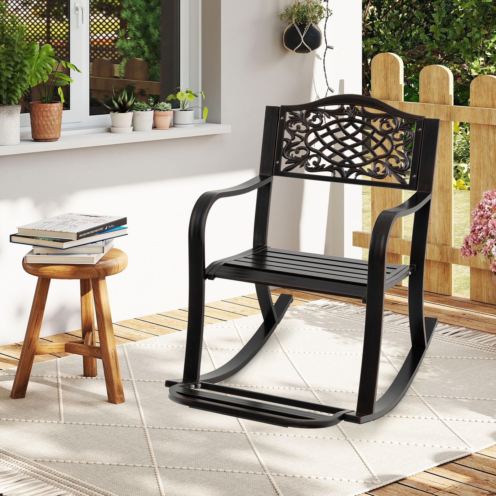 COSTWAY Schaukelstuhl mit Fußstütze, Schaukelsessel aus Aluminiumguss, Relaxstuhl, Schwingsessel, Gartenstuhl für Garten, Terrasse, Balkon