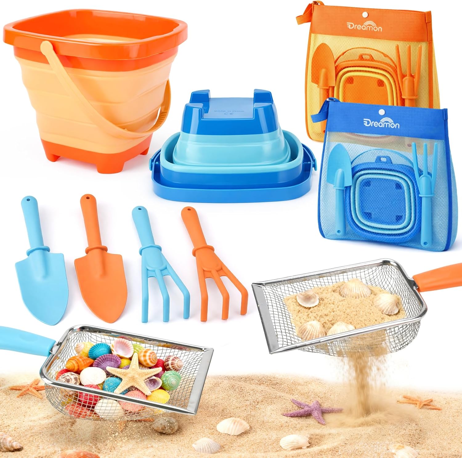 Dreamon Giochi Spiaggia Bambini Set 3 4 5 Anni con Secchiello Spiaggia Bambini Pieghevole Sacco a Rete Setaccio per La Sabbia Pala e Rastrello Giocattoli Regalo Esterno per Bambini e Bambine