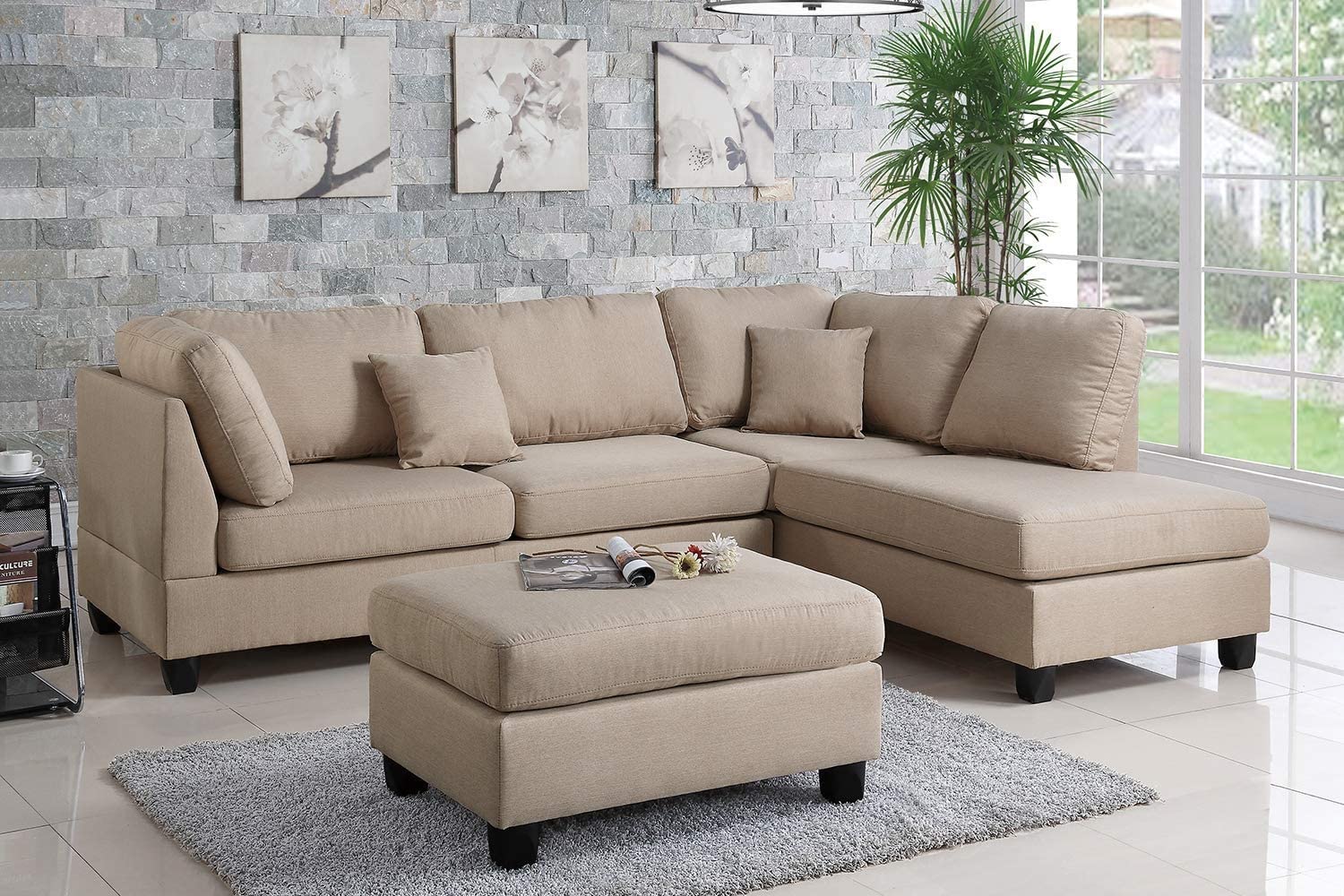 5 Seater Fabric Sectional Sofa with Ottoman for Living Room (Right Side,Beige)-image-19