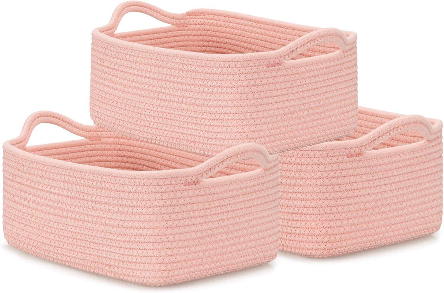 CLHMILY&Z Small Cube Storage Baskets, Decorative Woven Cotton Rope Baskets with Handles for Organizing, Shelf, Closet, Nursery, Bathroom, Toy Organizer Bins (3, Pink, 11.4 x 7.5 x 4.7)