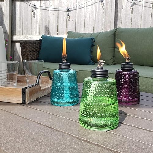 Miniatura 6 de TIKI Brand Carnival - Antorcha de mesa  Cristal azul, verde y morado  Iluminación exterior en patio, patio trasero, paquete de 3, 6 pulgadas, 1120163