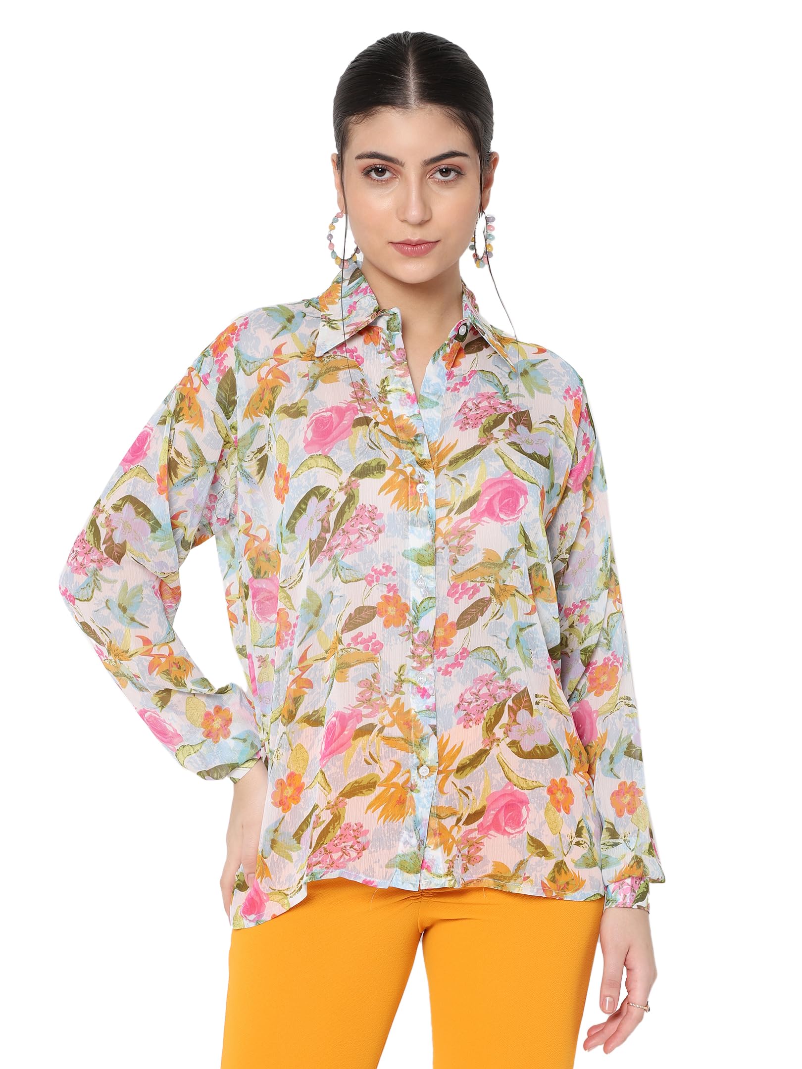 AVANOVABlack Chiffon Sheer Mesh Button Down Shirt Top Long Sleeve Drop Shoulder Blouse (Shirt 73 Black S)