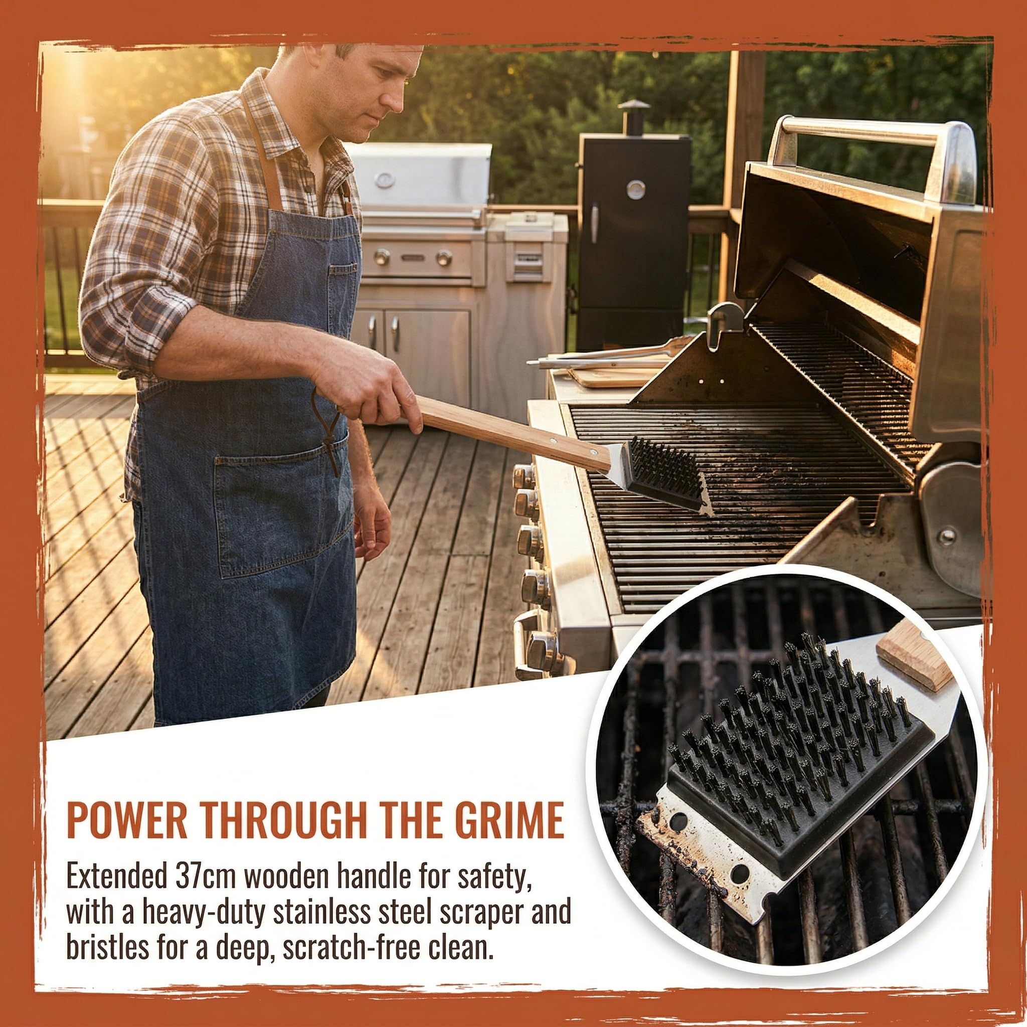 14.6”Grill Brush and Scraper with 1 Brush Replacements, Wire BBQ Grill Brush with Anti Scalding Wooden Handle for Outdoor Grill, Stainless Steel BBQ Accessories, Brosse BBQ — view 3