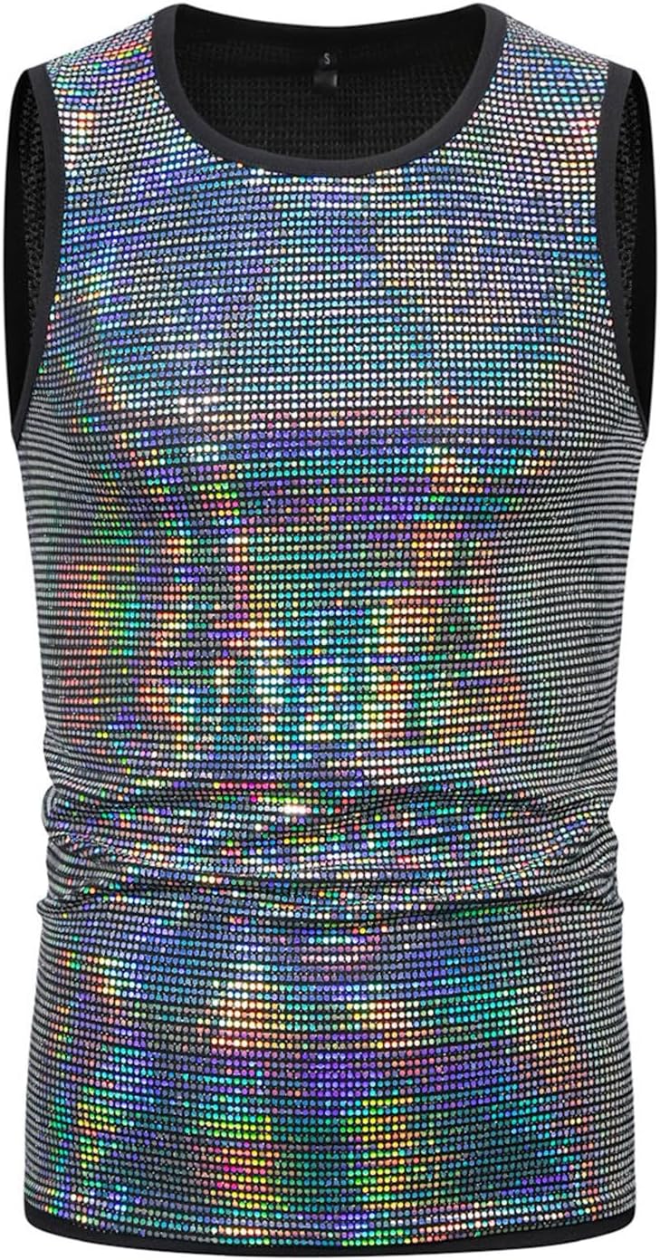T-shirt Brillant Homme Paillettes Débardeur Disco Clubwear - Haut Sans Manches Fête Scène
