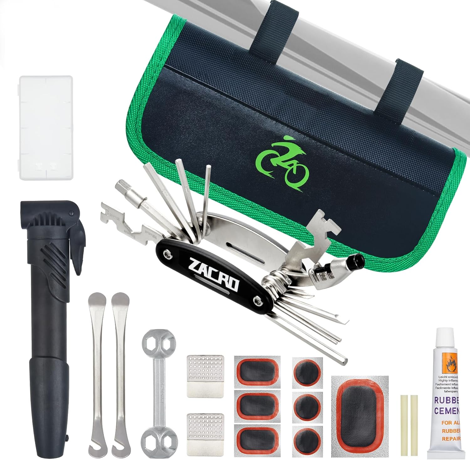 Zacro Bike Repair Kit, Bicycle Tool Kit Set, Bike Tire Patches Fixes Kit & Mini Tire Pump, 18 in 1 Multitool & Portable Maintenance Tool Accessories Bag for Road Mountain BMX Cycling
