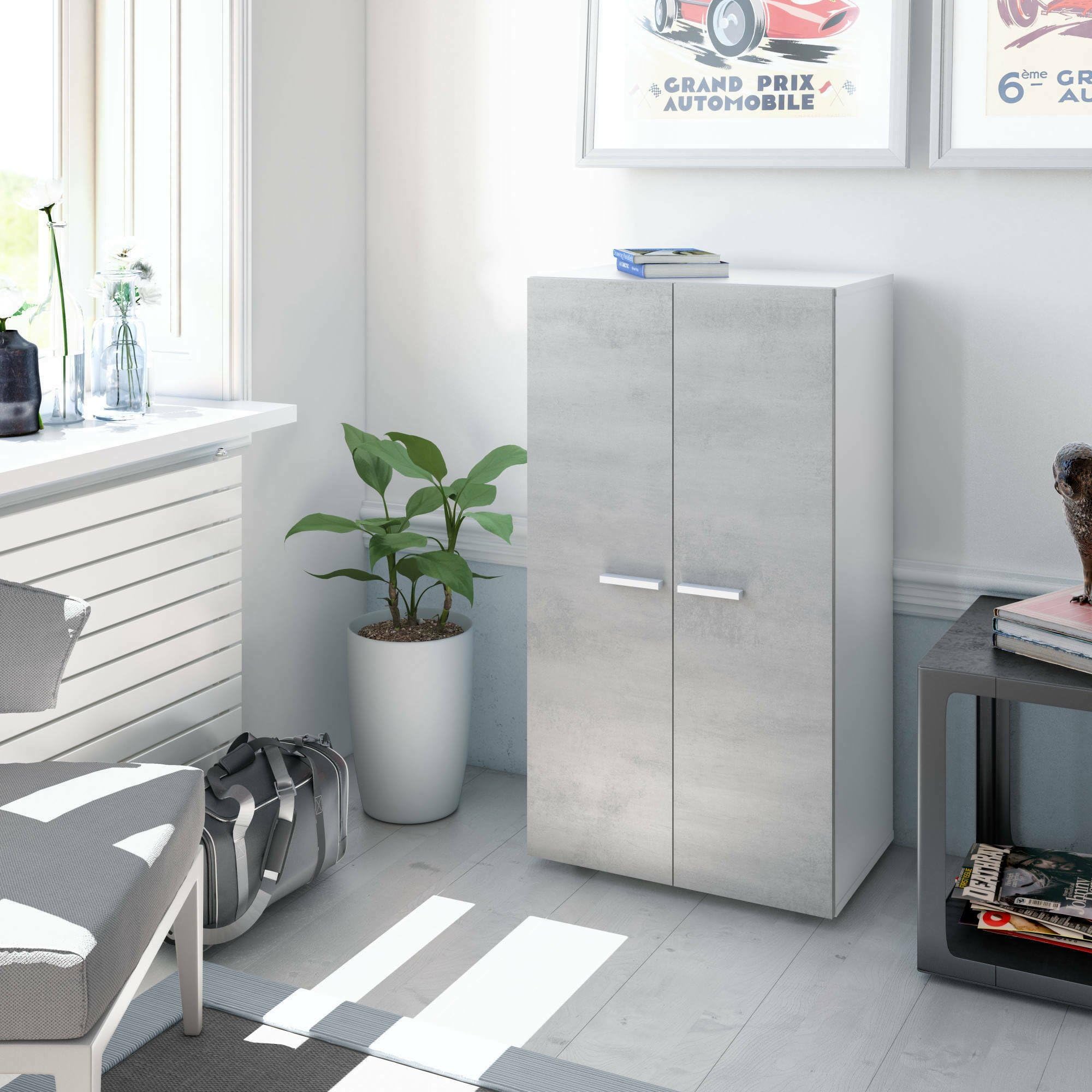 Dmora - Armadio multiuso 2 ante Norwalk, Armadio porta scarpe, Mobile basso con 6 ripiani, Scarpiera bassa moderna, 55x36h103 cm, Bianco e Cemento