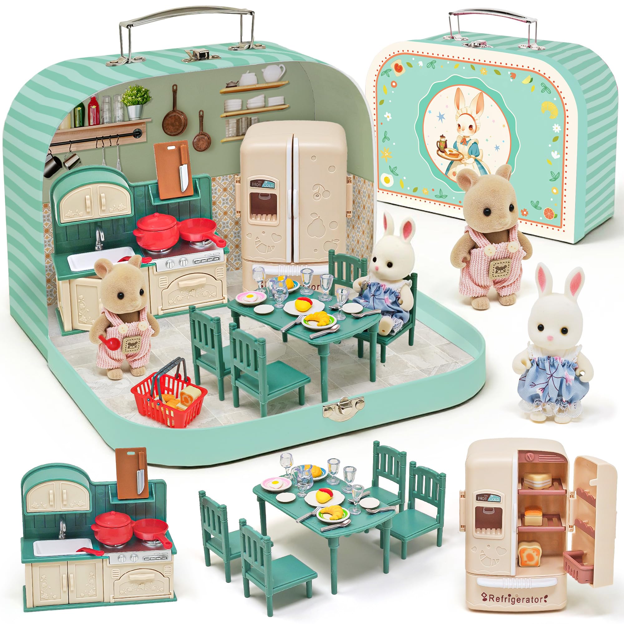 Portable Dollhouse Suitcase Set for Kids, Kitchen Furniture Accessories/Flexible Figures/Dining Table/Tableware/Refrigerator, Pretend Play Dollhouse Accessories Birthday Gift Toys for Girls Ages 3+