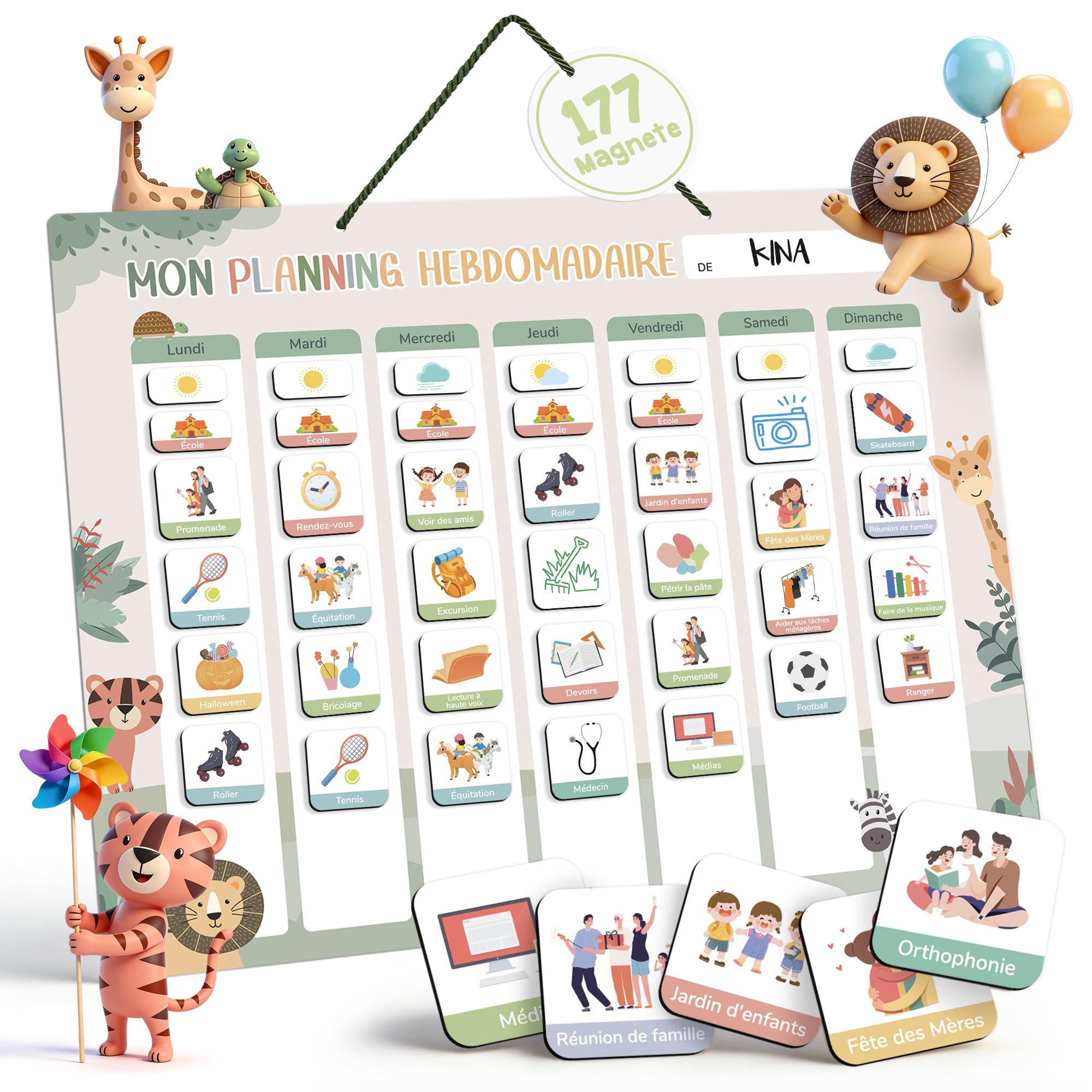 Planning de Semainier Enfant Montessori 42x32 cm avec 177 Aimants - Tableau de Récompense Effaçable et Réutilisable