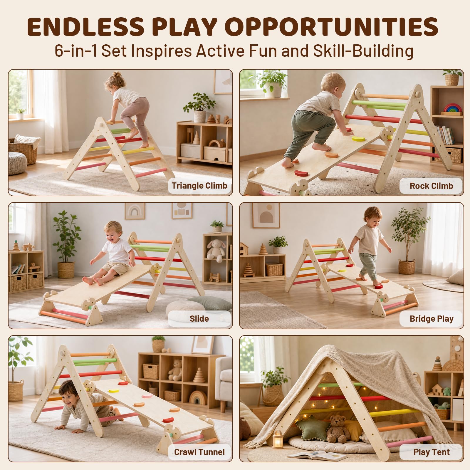 COSYLAND Triangolo da Arrampicata Montessori con Arco e rampa, Set Pieghevole per Bambini, Giocattolo in Legno Resistente per Interni, Bambini da 18 Mesi a 6 Anni