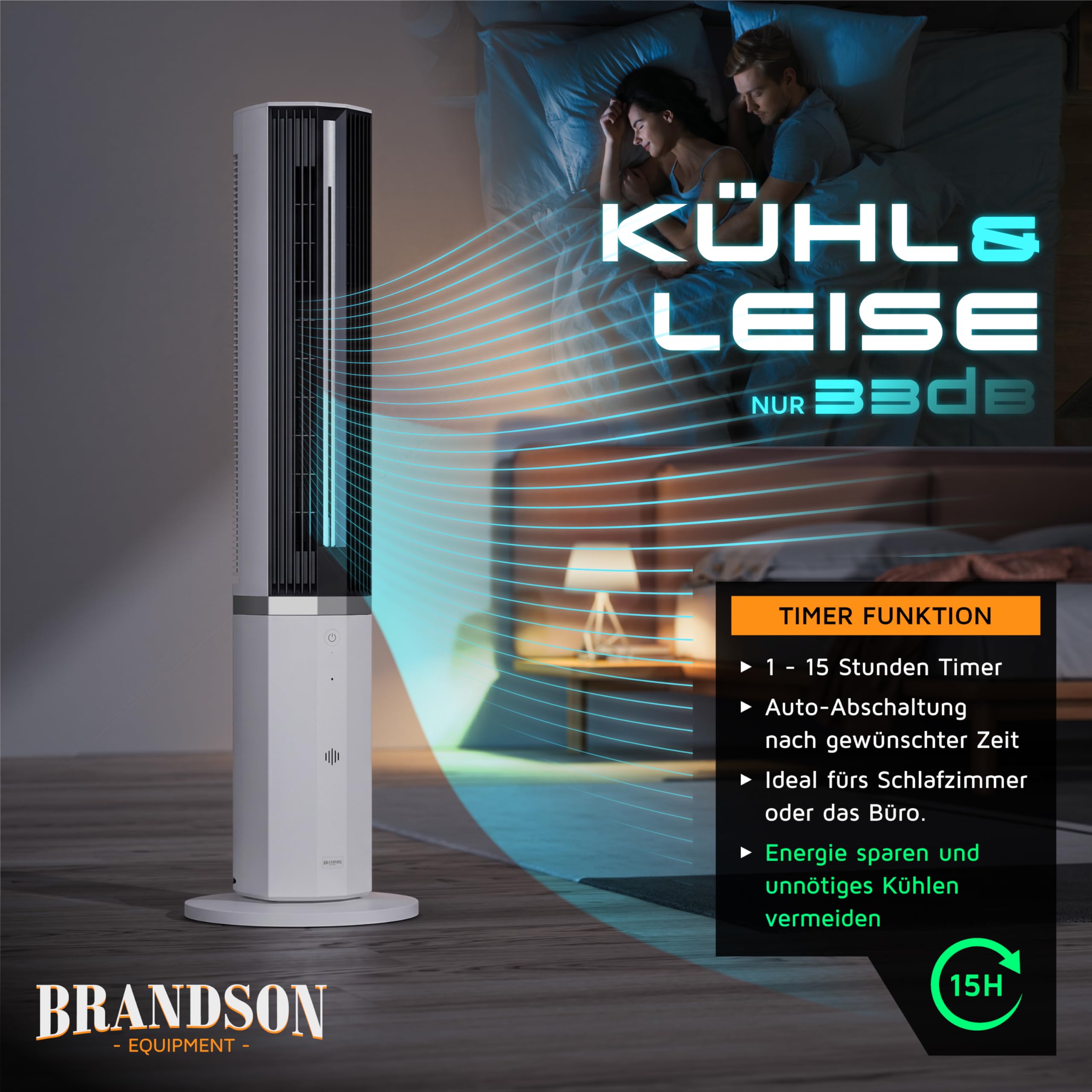 Brandson - mobiles Klimagerät inkl. Luftbefeuchter - Sieger Ventilatoren und Luftkühler 2026 - Turmventilator mit Wasserkühlung - DC Motor sehr leise – 12 Geschwindigkeiten - Fernbedienung