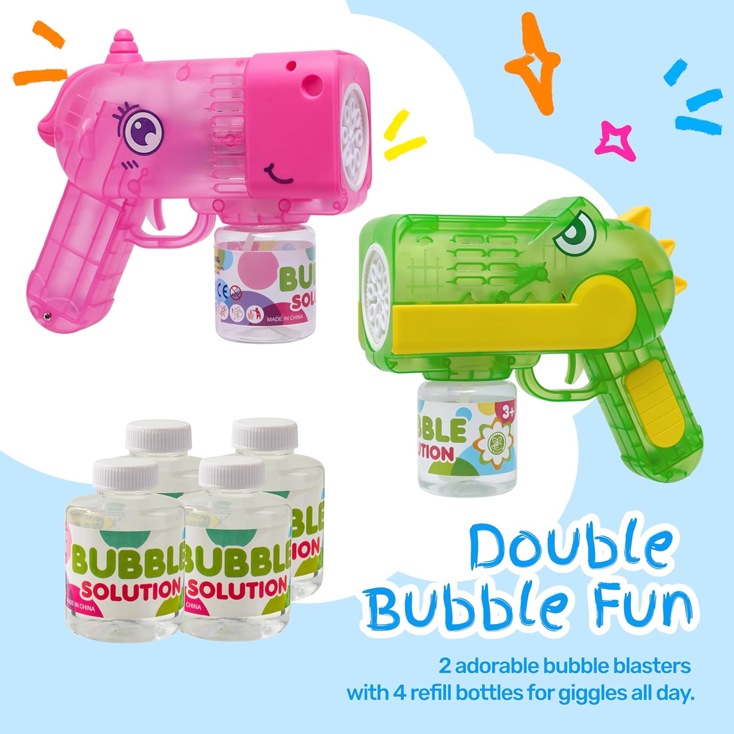 SYNCFUN 2 Bubble Guns with LED Light, 12 Holes Dinosaur & Unicorn Bubble Gun with 4 Bottle Refill Solution for Toddlers 1-3, Bubble Machine Gun for Kid Party Favor, Summer Toy, Outdoor, Birthday Gift