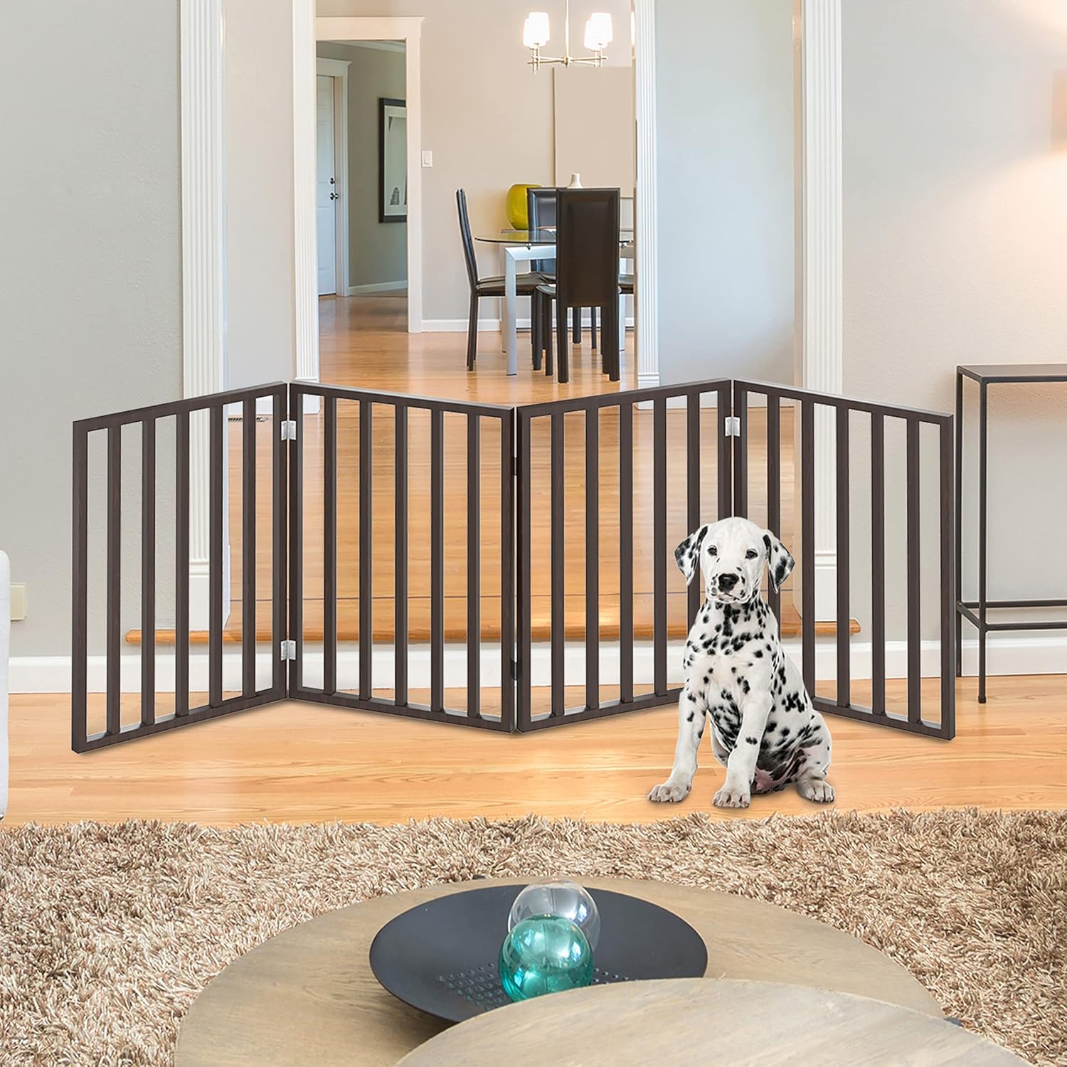 PETMAKER Pet Gate – Dog Gate for Doorways, Stairs or House – Freestanding, Folding, Accordion Style, Wooden Indoor Dog Fence (4 Panel, Brown)