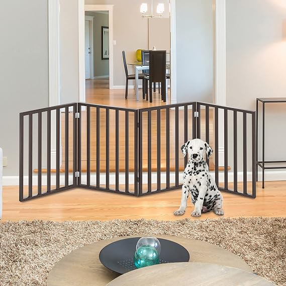 PETMAKER Pet Gate Dog Gate for Doorways, Stairs or House Freestanding, Folding, Accordion Style, Wooden Indoor Dog Fence (4 Panel, Brown)