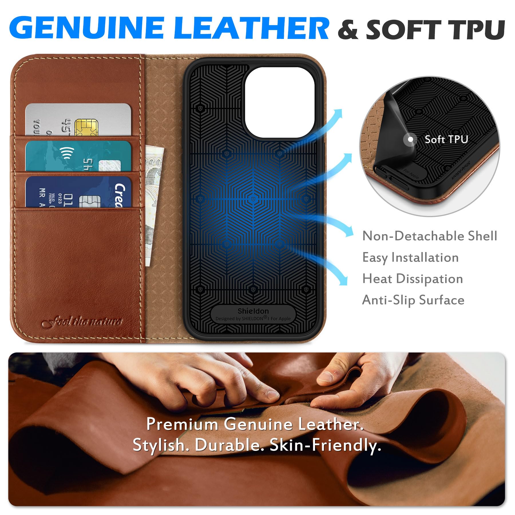 SHIELDON Etui Portfel do iPhone 15 Pro Max 6,9" 2023, Retro Brązowy | Prawdziwej Skóry, Etui na Karty, Blokada RFID, Podpórka, Zapięcie Magnetyczne, Etui z Klapką Odporną na Wstrząsy