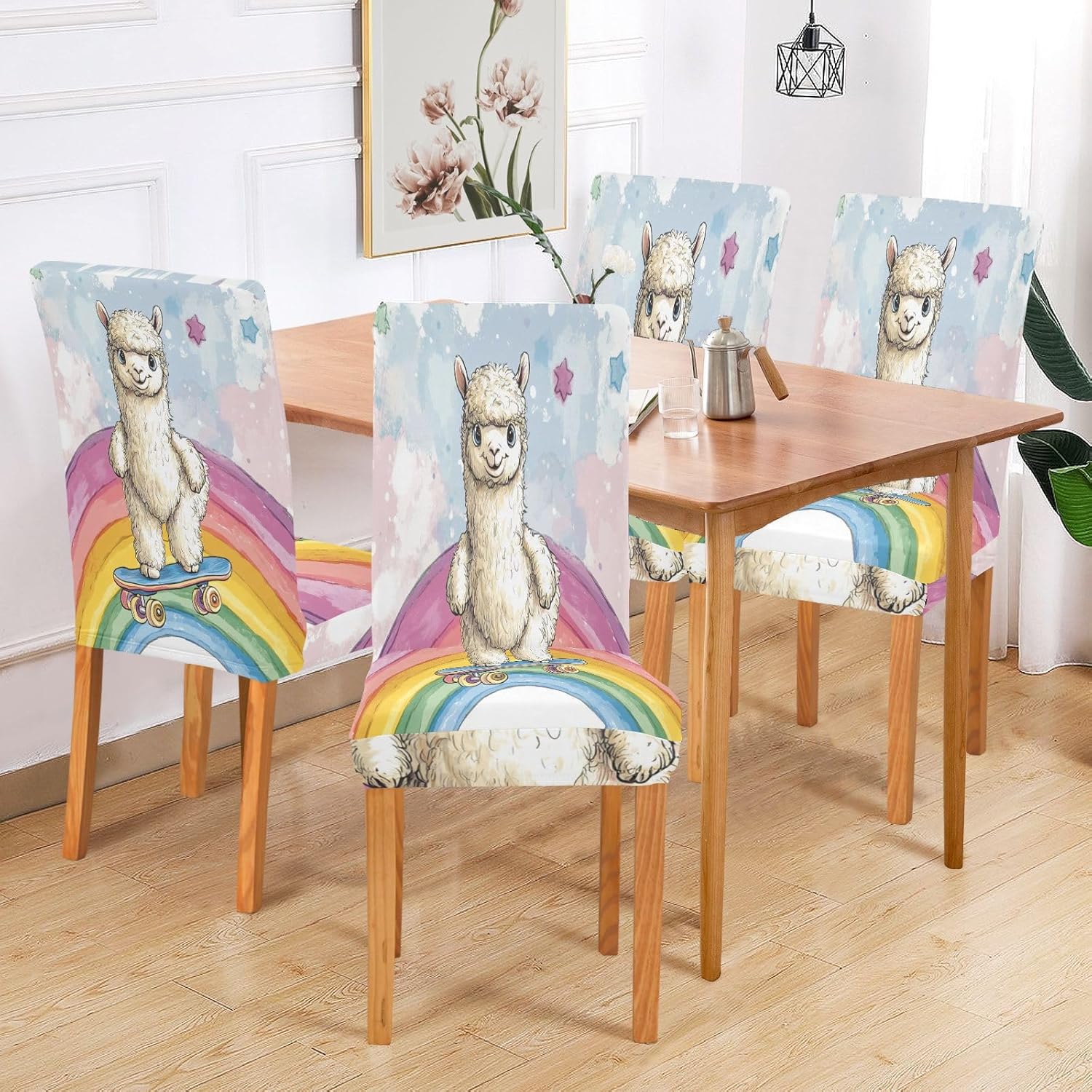 ALAZA Chair Covers for Dining Room, Cartoon Alpaca with Skateboard Rainbow Stretch Chair Cover Sets Chair Protector Removable Washable for Ktichen Restaurant Hotel