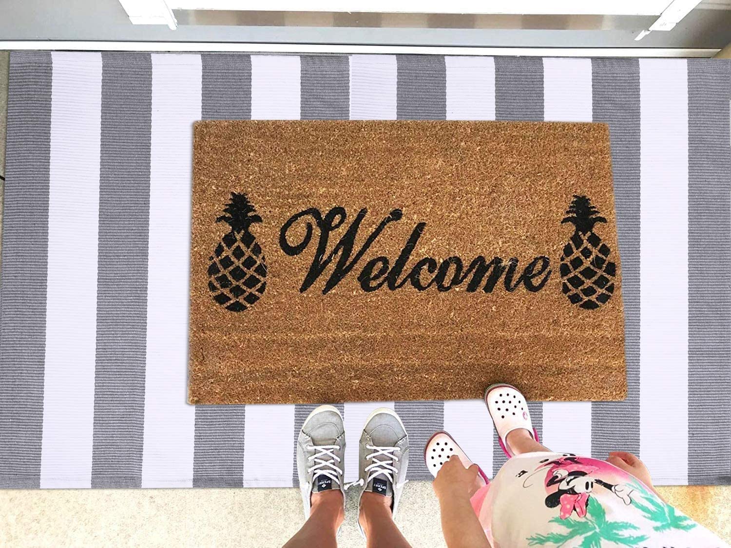 EARTHALL Grey and White Striped Rug Outdoor 3'x5', Cotton Hand-Woven Gray Striped Door Mat, Reversible Foldable Washable Gray Outdoor Rug Stripe for Layered Door Mats Porch/Front Door (35.4''x59'')