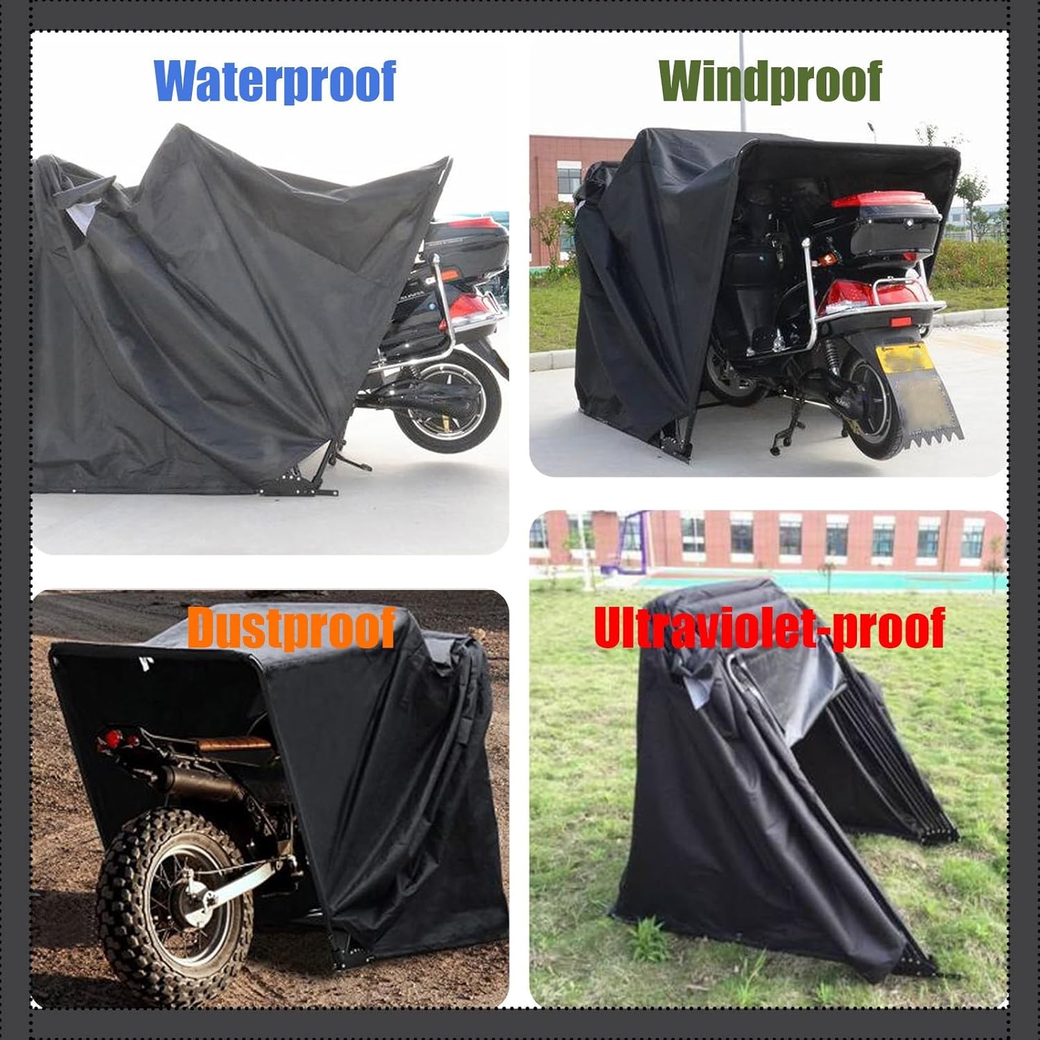 Motorcycle Shelter Storage Waterproof Oxford 600D Black Vehicle Protection Heavy Duty Hoods Motorcycle Shelter Shed with TSA Code Lock 136"x74"x75" Outdoor
