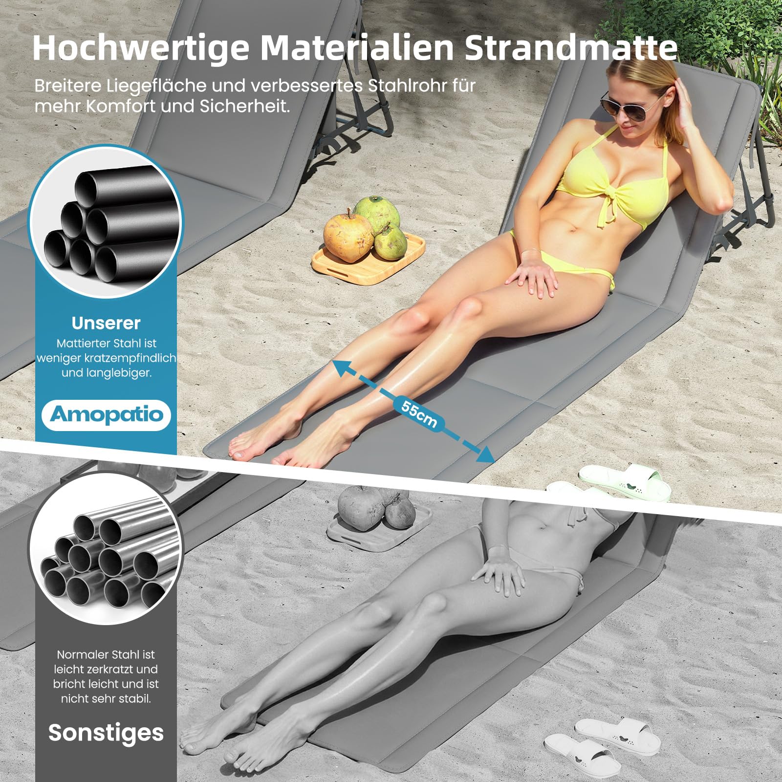 Amopatio 2er Set Strandmatte Klappbar mit Mehrstufig Verstellbarer Rückenlehne & Tragegurt – Faltbare Sonnenliege mit Tasche für Strand, Garten, Camping & Terrasse, Grau