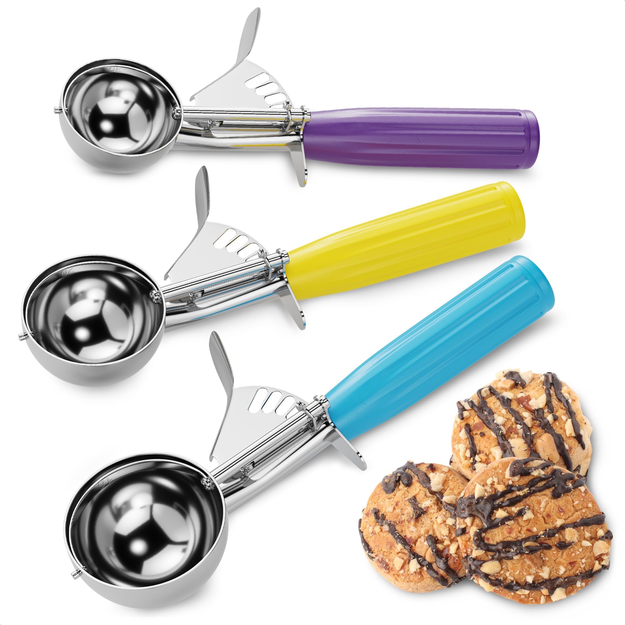 Cookie Scoop Set - Ice Cream Scoop with Trigger - Cookie Scoops for Baking Set of 3, #16 (2.7 oz), #20 (2 oz), #30 (1.25 oz), Stainless Steel Versatile Tool for Baking, Cookies, and Desserts