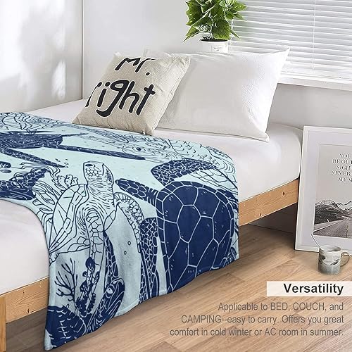 Miniatura 6 de Manta de tortuga marina, suave, mullida y cálida, manta pequeña de 40 x 50 pulgadas para sofá, sofá, bonita manta azul para adultos y niños