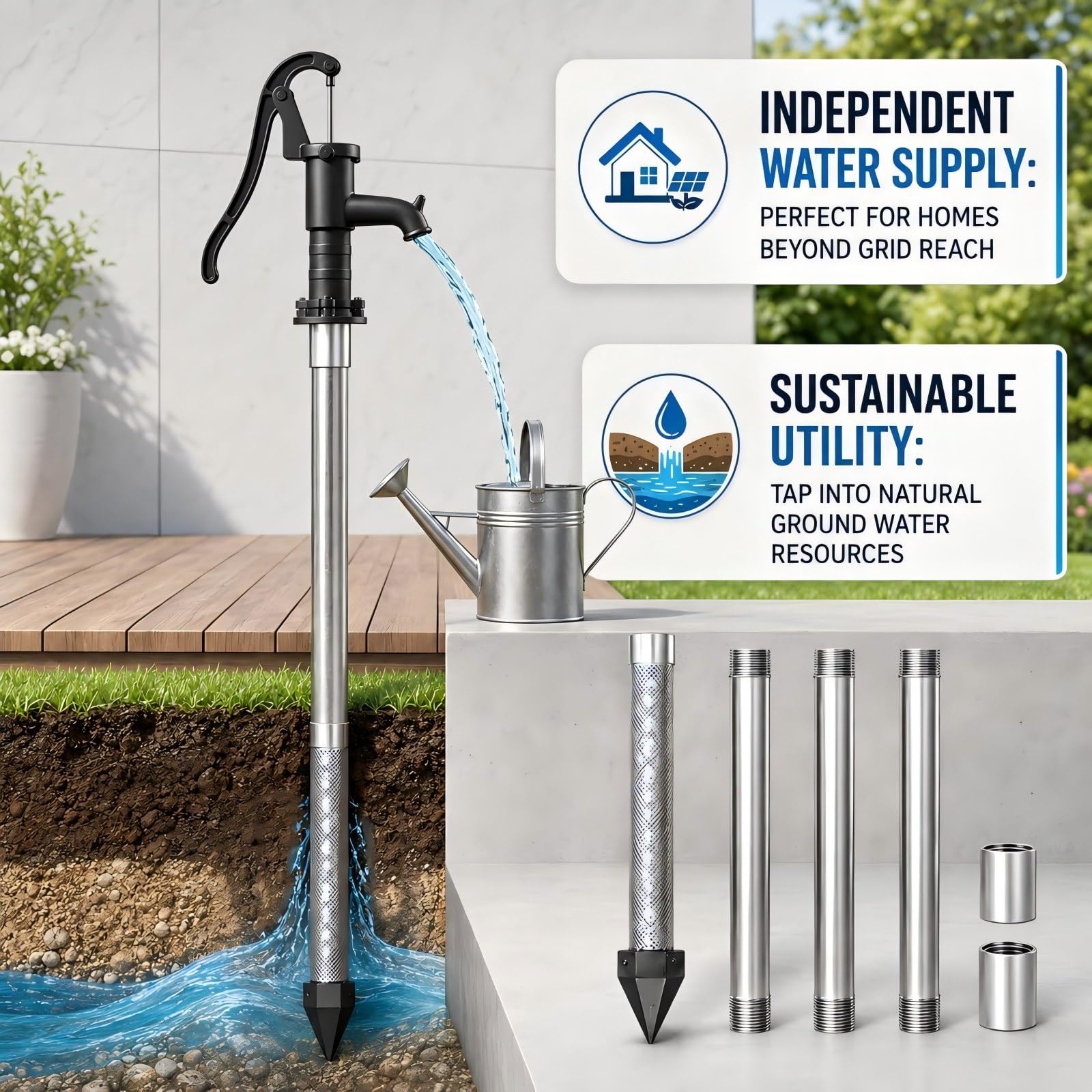 Kit de Perforación de Pozos de Agua 1-1/4", Punta Filtrante Inoxidable | Punta de 91 cm con filtro de malla 60, tubos y manguitos galvanizados para arena y terrenos blandos.