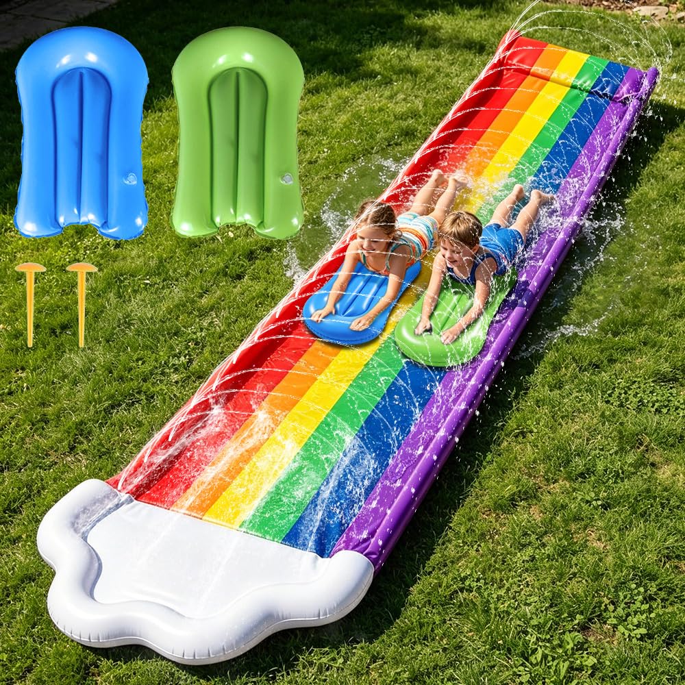 Wasserrutsche Garten 4.8x1.4m Doppel Wasserrutsche mit 2 Bodyboards & Sprinkler für Kinder Erwachsene
