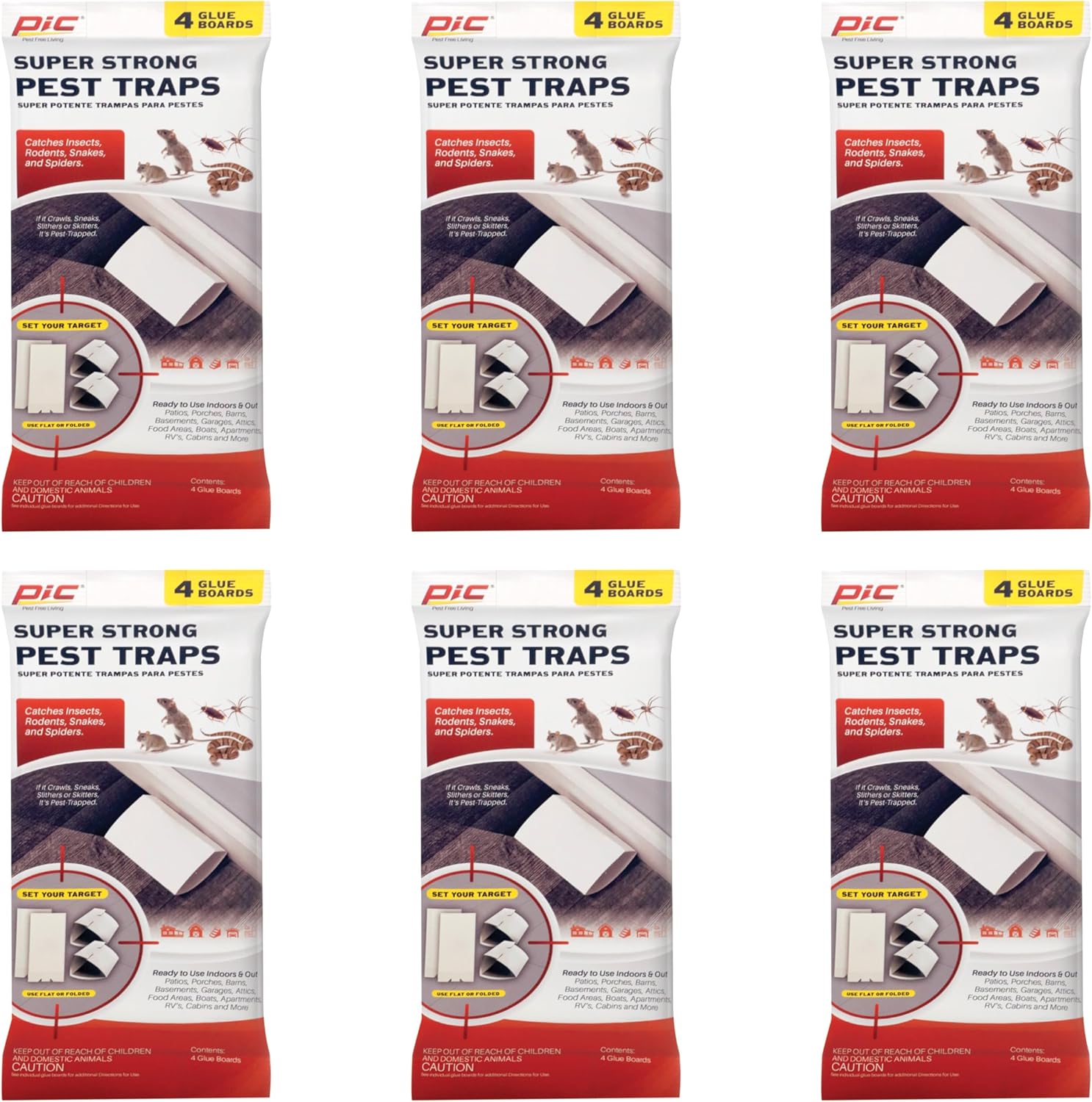 PIC Super Strong Pest Traps, 4 Glue Boards, 6 Pk, Catch Insects, Roaches, Snakes, Spiders & Mice, Disposable Indoor & Outdoor Sticky Rodent Traps