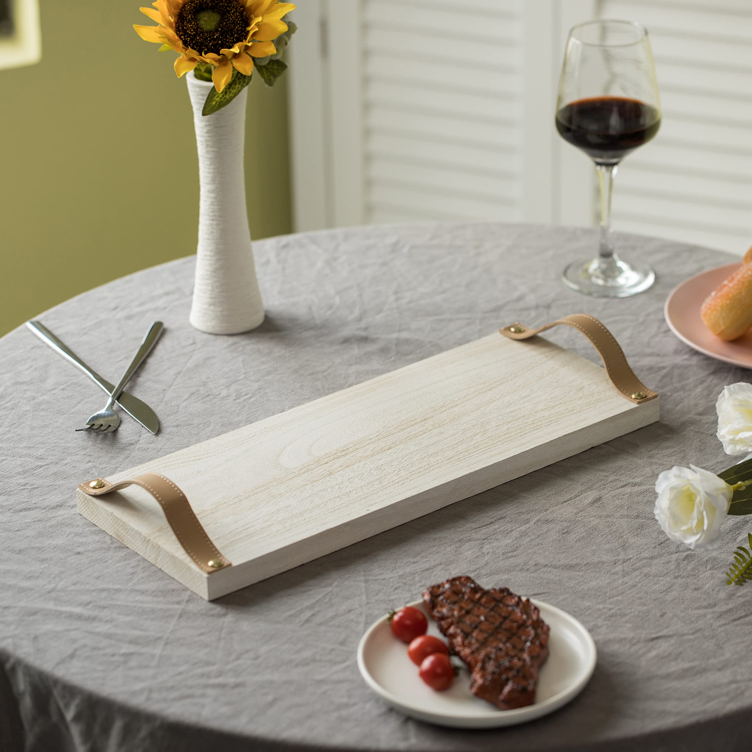 Housejoy Acacia Wood Serving Tray With Handles – Rectangular, Classic Style, 2.38 Lbs