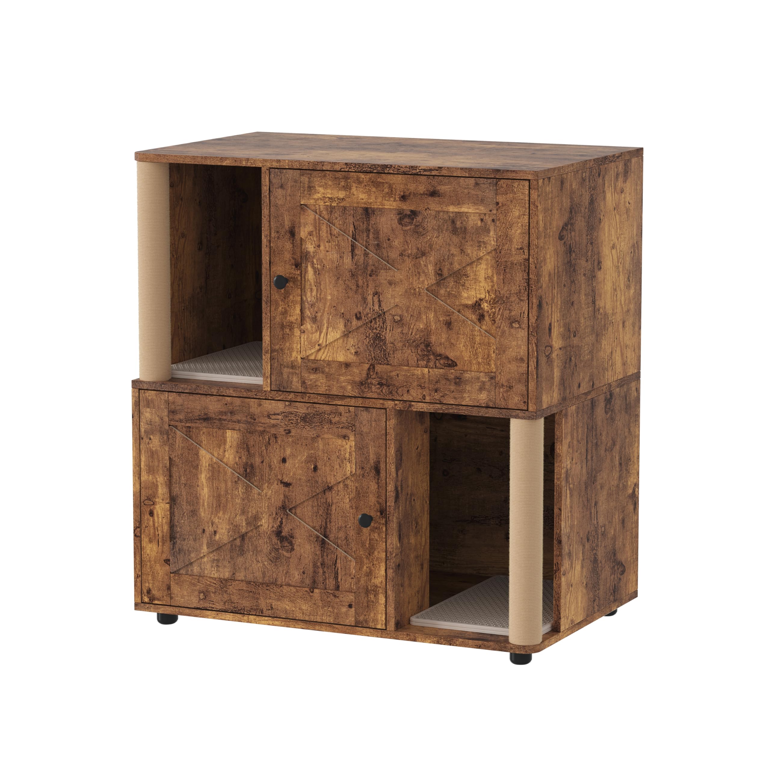 Lidzopas Double Cat Litter Box Enclosure for 2 Cats, 80x50x88cm Wooden Cat House with Marking Posts, Double Layer Mat, Hidden Litter Box Furniture, Side Table Design, Tiger Wood