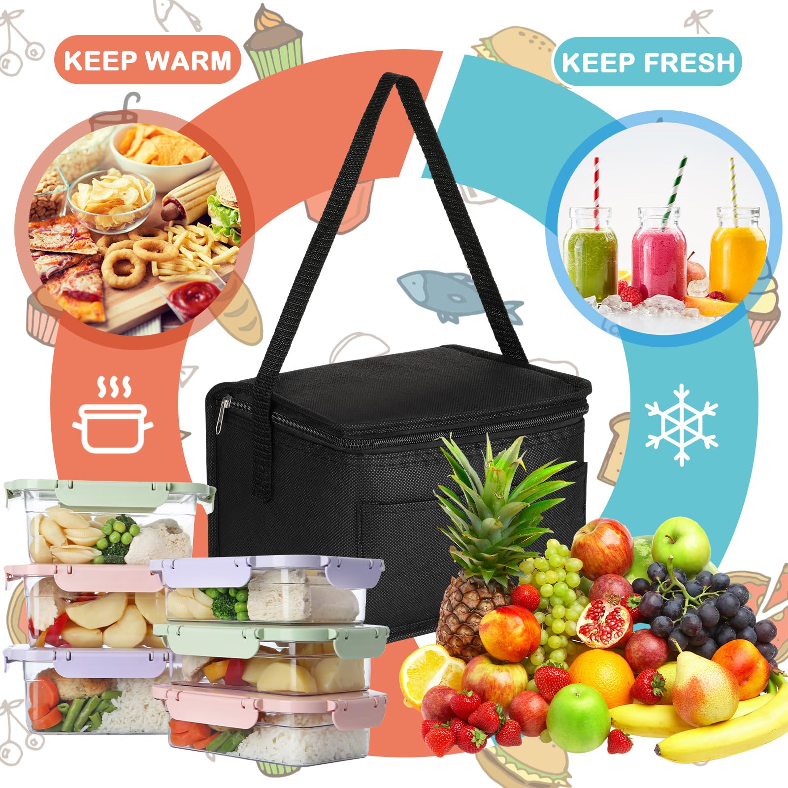 Mifoci 50 Pcs Lunch Bags Bulk Insulated Cooler Bags Reusable Cooler Tote Bags Leakproof Thermal Black Lunch Boxes Waterproof Lunch Bag Beverage Bag with Strap for Men Women Office Work Picnic Beach