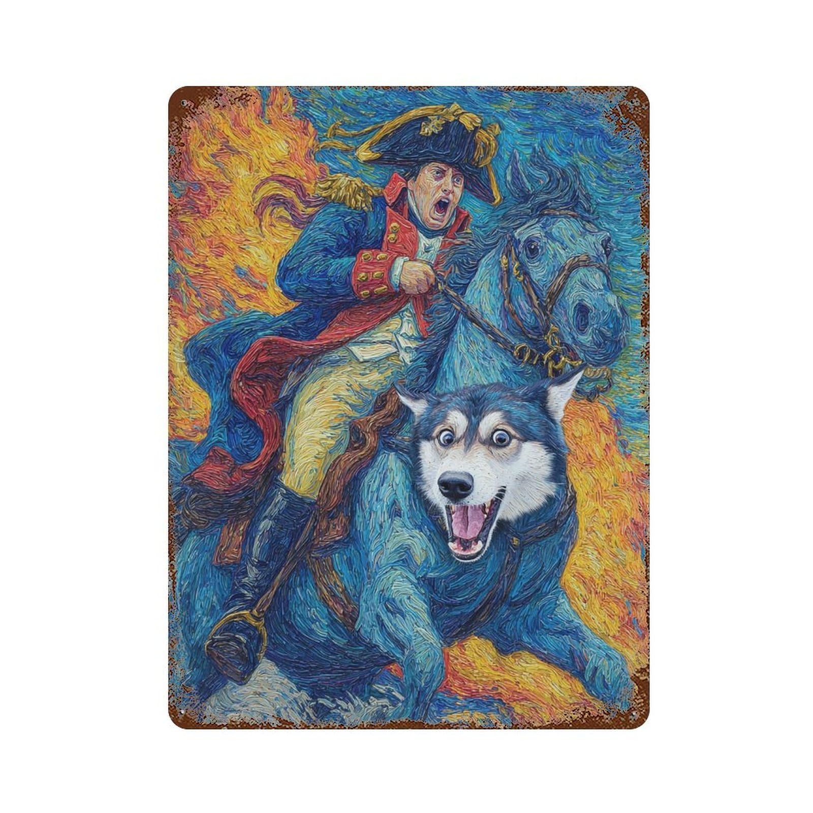 Painting Horseman with Husky Retro Metal Sign 15.7"x11.8", Decorative Metal Wall Art for Basement, Hobby Room And Garage Decor