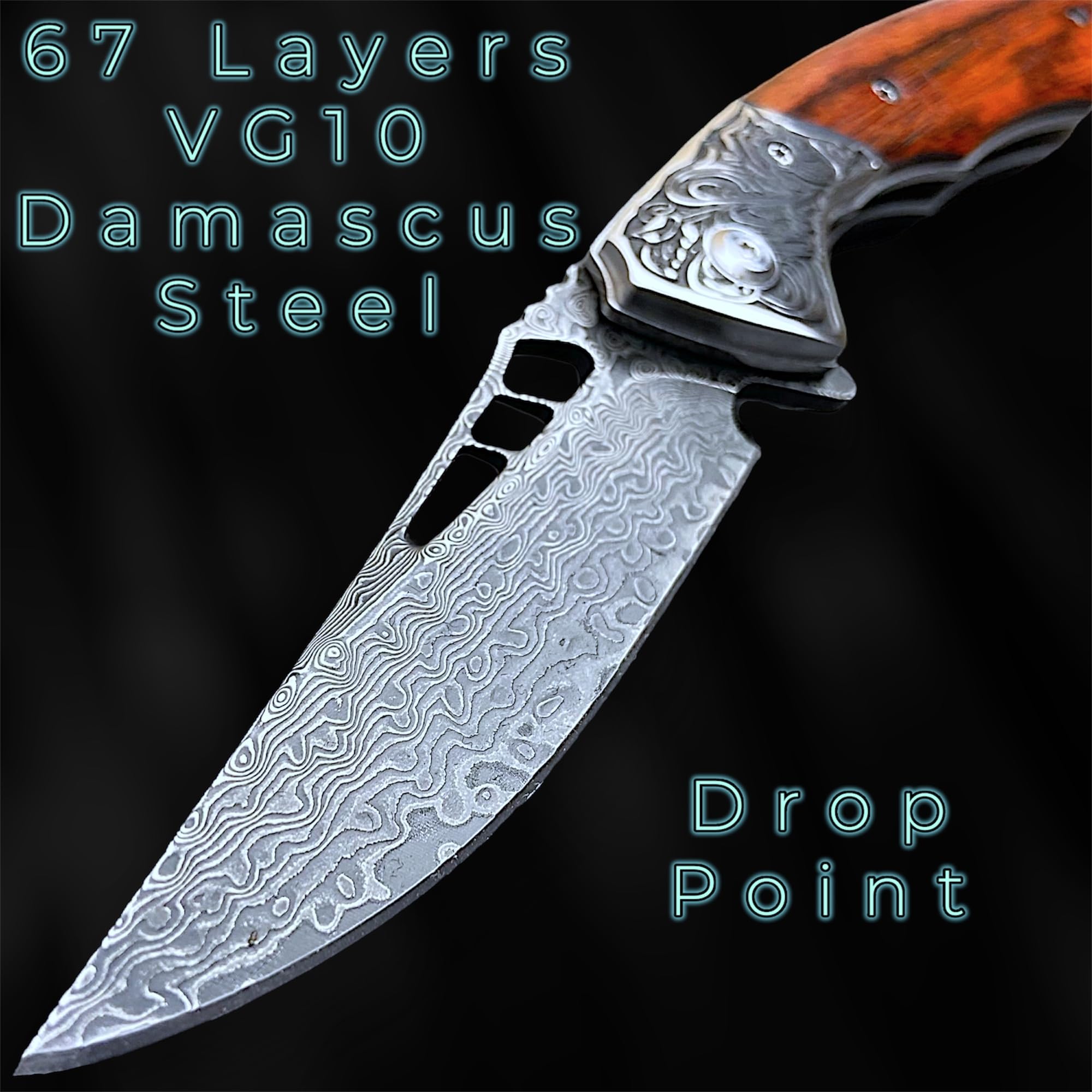 TACTICAL GEARZ Damascus EDC Pocket Folding Knife, Natural Rosewood Handle, Damascus Steel Blade (Keahi XT)