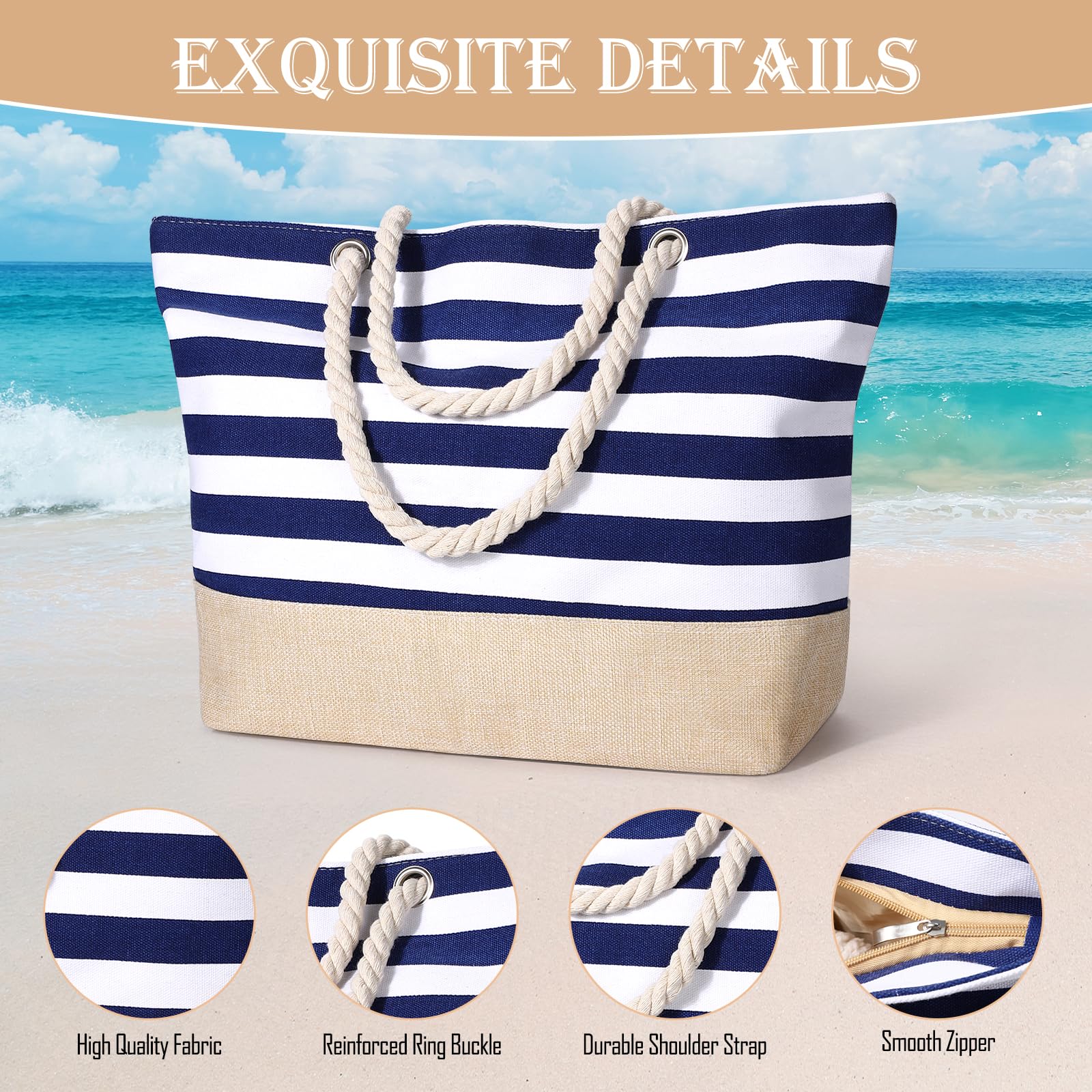 Sac de Plage Femme Grand Sac Fourre-Tout en Été, Sacs à Main de Voyage en Toile Imperméable avec Fermeture à Glissière Cabas Femme Tote Bag pour Plage Vacances Shopping Gym, Bleu Oxford