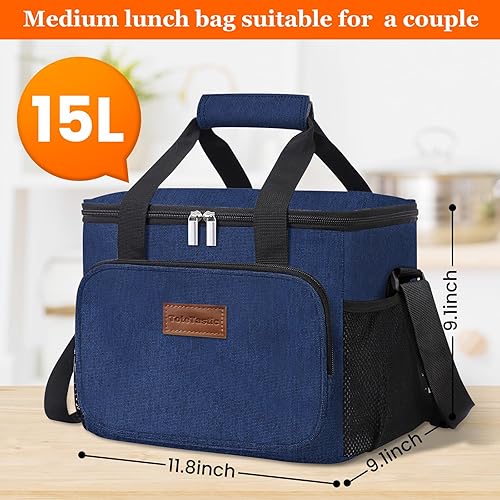 Miniatura 3 de Lonchera aislada para mujereshombres, bolsa de almuerzo a prueba de fugas con correa ajustable para el hombro, bolsillo frontal con cremallera y