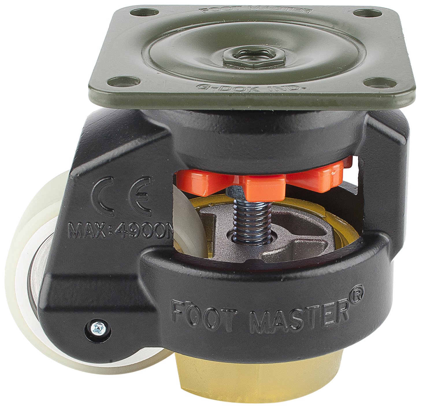 FOOT MASTER GD-80-F-HUP-CUR-FBL Leveling Caster, 63 mm Polyurethane Wheel, Flat Black, Height Adjustable Foot Pad, Plate Mounted Swivel Caster, 550 kg Load Rating