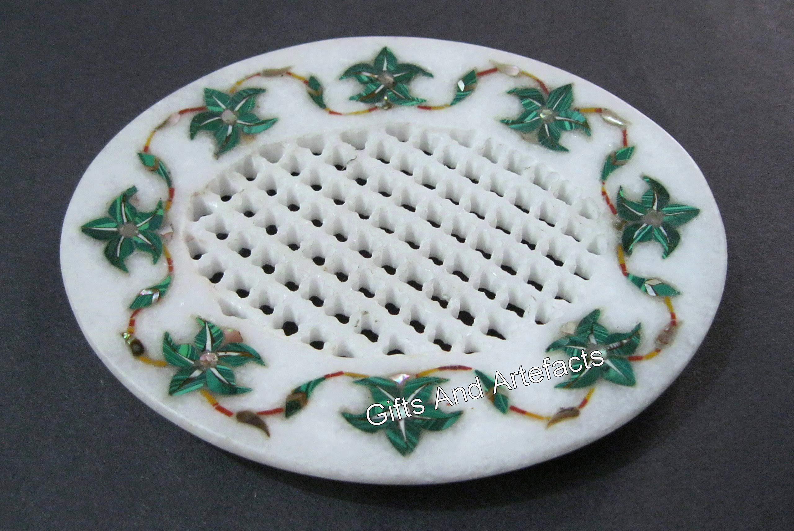 Pietra Dura Art Seifenschale für Palour Decor 12,7 x 10,2 cm, ovale Form, weißer Marmor, Seifenspenderhalter mit königlichem Look